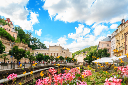 KARLOVY VARY, CZECH REPUBLIC - JULY 23, 2017: Romantic architecture of Bohemia, Karlovy Vary, Czech Republic. the famous spa city in the Czech Republicのeditorial素材