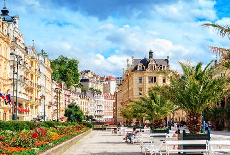 KARLOVY VARY, CZECH REPUBLIC - JULY 23, 2017: Romantic architecture of Bohemia, Karlovy Vary, Czech Republic. the famous spa city in the Czech Republicのeditorial素材