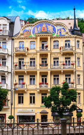 KARLOVY VARY, CZECH REPUBLIC - JULY 23, 2017: Romantic architecture of Bohemia, Karlovy Vary, Czech Republic. the famous spa city in the Czech Republicのeditorial素材
