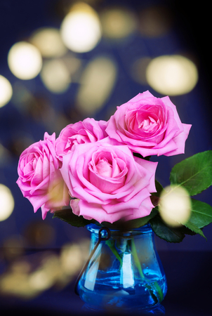 Bouquet of fresh pink roses with bokeh lightsの写真素材