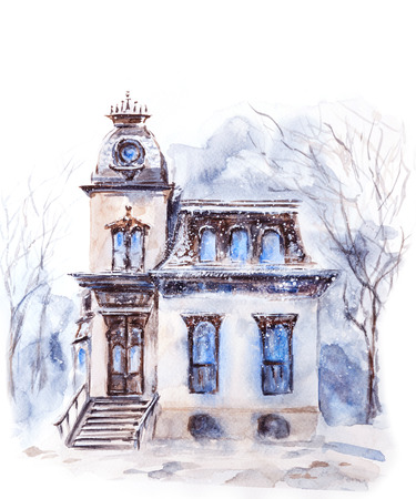 House in the Winter. Watercolor illustration.の写真素材