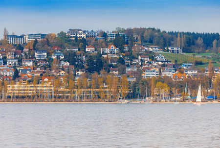UEBERLINGEN, GERMANY - APRIL 15, 2018: Bodensee Promenade in Ueberlingen, Lake Constance, Germany,Europeのeditorial素材