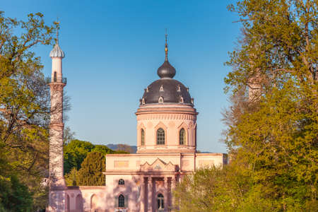 Schwetzingen, Germany - APRIL 19, 2019: Magnificent park with pink Mosque   in spring. Schwetzingen, Germanyのeditorial素材