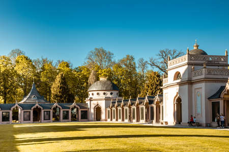 Schwetzingen, Germany - APRIL 19, 2019: Magnificent park with pink Mosque   in spring. Schwetzingen, Germanyのeditorial素材