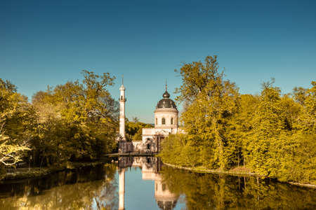 Schwetzingen, Germany - APRIL 19, 2019: Magnificent park with pink Mosque   in spring. Schwetzingen, Germanyのeditorial素材