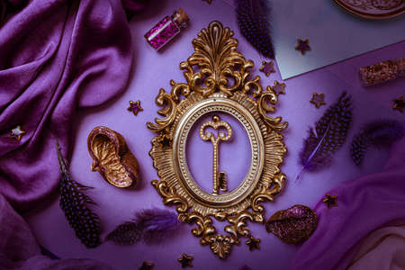 Golden vintage frame on purple backgroundの写真素材