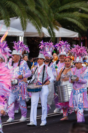 Santa Cruz de Tenerife, Spain, February 17, 2026. Performers in spectacular colorful costumes parade...