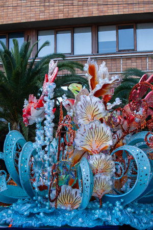 Santa Cruz de Tenerife, Spain, February 17, 2026. Performers in spectacular colorful costumes parade...