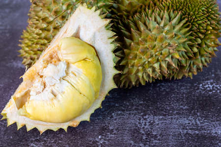 Durian riped and fresh ,durian peel with yellow colour fruit.の写真素材