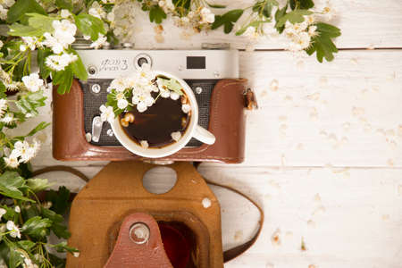 a cup of coffee instead of a retro camera lens, still life with spring flowers,copy spaceの写真素材