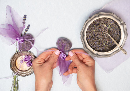 handmade lavender sachet DIY, step by step instructions, step sixの写真素材