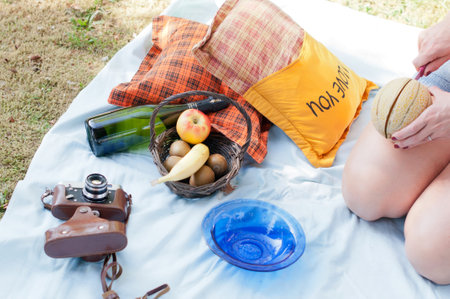 young beautiful caucasian girl dressed in pin-up style on a picnic with fruitsの写真素材