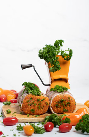 minced meat sausages in bacon with green parsley and fresh vegetables, cherryの写真素材