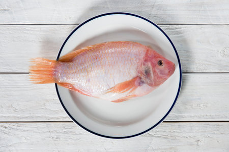 raw fish pink tilapia on a plate on a wooden white table, flat lay foodの写真素材