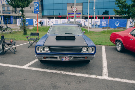 Genk, BELGIUM, August 18, 2021: classic summer meet of oldtimer, grey Fordのeditorial素材