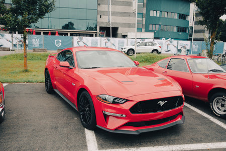 Genk, BELGIUM, August 18, 2021: classic summer meet of oldtimer,red Ford Mustangのeditorial素材
