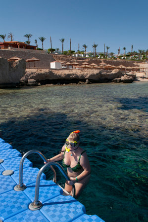 plump girl in a green swimsuit and a swimming mask, dives and swims in the seaの写真素材