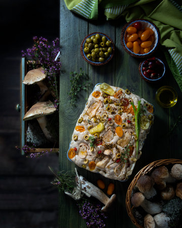Italian focaccia with mushrooms and vegetables, green olives on a woode tableの写真素材