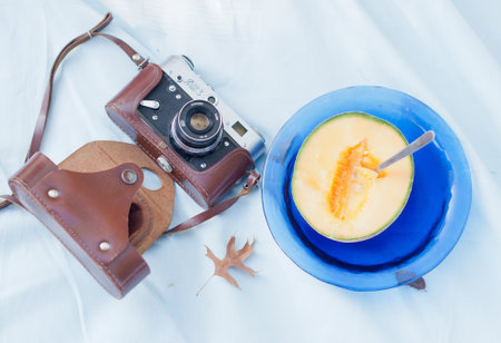 picnic in the garden or park on the green grass, fresh fruits, champagne, retro