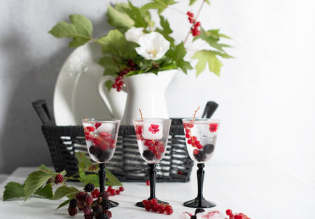 transparent gin and tonic with ice and fresh red currants and blackberriesの写真素材