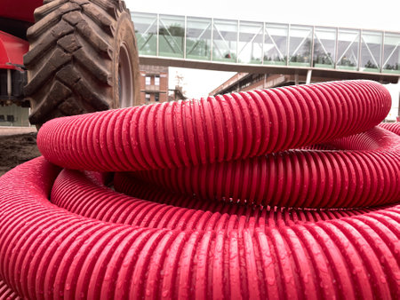 Red plastic corrugated pipes on the background of a building under construction