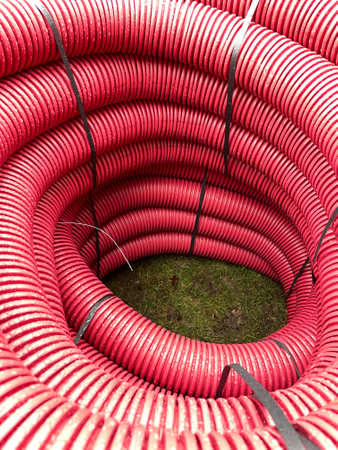 pile of plastic pipes wet from the rain, corrugated burgundy pipes, magentaの写真素材