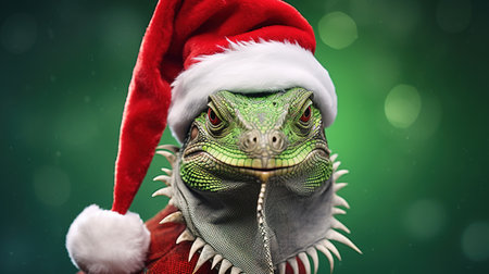 Close-up portrait of a green agama wearing a red Christmas hat, on a green background, copy space, symbol of 2024の素材