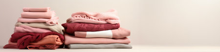 large stacks of peach-colored clothes on a delicate background in designer clothing store, trendy peach fuzzの素材