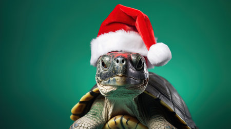 Turtle wearing a Santa hat for Christmas on a green background at home, celebrating the holiday, pets and pets as a giftの素材