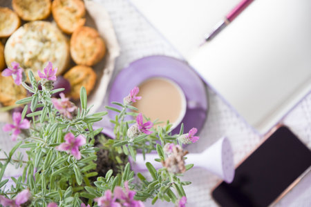 Lavender breakfast, goat cheese and oven baked baguette,selective focus abd blur