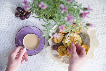 Lavender french breakfast, goat cheese and oven baked baguette, notepad,の写真素材
