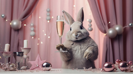 cute rabbit holds a glass of champagne in his paw, celebrates the New Year in an interior with peach fuzz decorの素材