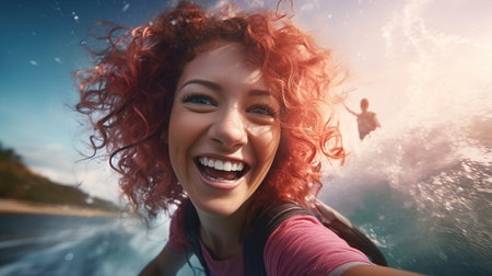 Surfer girl with pink curls takes a selfie on the waves with a waterproof smartphone, cute zoomer generation teenager leads a healthy active lifestyle doing water sports, high quality photoの素材