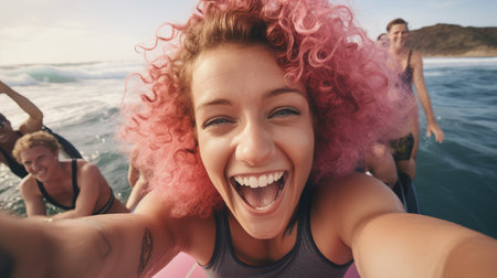surfer girl with fashionable peach curls takes a selfie on the waves with a waterproof smartphone, cheerful teenagers spend their holidays in a warm country, zoomer generation,high quality photoの素材