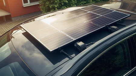 car using energy of solar panels installed on the roof instead of fuel, energy crisis, environmental method of energy production, High quality photoの素材