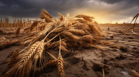 ripe ears of wheat, wet from rain abandoned in a field under a stormy sky, untimely harvest, food crisis, neglect of bread, high quality photographyの素材