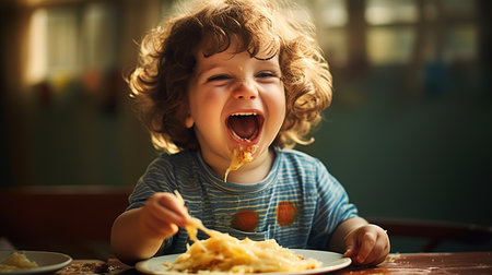 portrait of dirty baby boy with curly hair making funny faces and eating cheese sandwich, carefree sweet peaceful life concept for children, Generated AIの素材