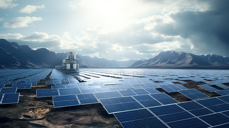 a huge station in the middle of the plain with solar panels to generate renewable energy, solar...