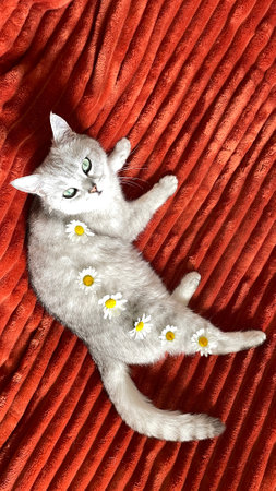 Scottish kitten resting on an orange blanket on bed decorated with fresh daisies on its back,concept of cozy,well-fed life for pet, High quality photoの写真素材