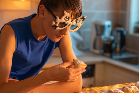 teenage boy in halloween costume trying buns with ghost images enjoying holiday treats in decorated dark kitchen warm cozy atmosphere festive moodの写真素材