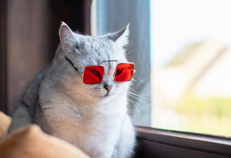 Portrait of a domestic cat wearing sunglasses with orange lenses, the cat is a stylish fashionista, the cat looks out the windowの写真素材