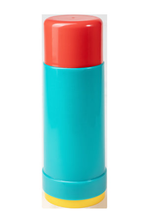 bright vintage plastic thermoses turquoise color with red lid and yellow bottom isolated on transporant background, high quality thermal insulation for long-term storage of hot drinks,の写真素材