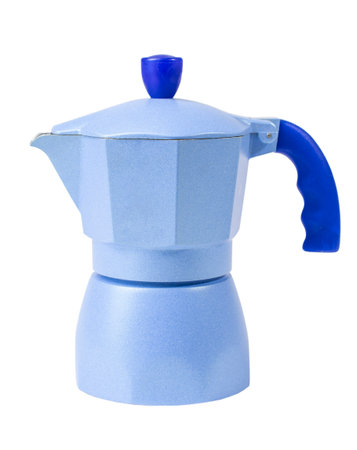 Light blue moka pot geyser coffee maker with dark blue handle, a device for brewing a cup of rich and aromatic coffee for breakfast, isolated on white background,の写真素材