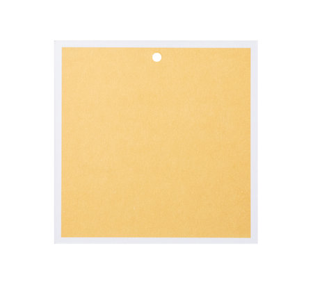 Blank beige square tag with white piping and round hole for rope isolated on white background, perfect canvas for indicating price, sale details, fabric composition information,の写真素材