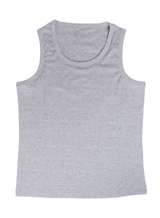 studio shot of simple grey sleeveless t-shirt showing its simple design and neutral color suitable for everyday wear or as underwear, isolated on clean white background,の写真素材