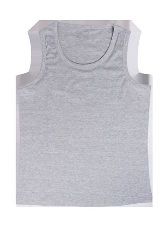 studio shot of simple grey sleeveless t-shirt showing its simple design and neutral color suitable for everyday wear or as underwear, isolated on clean white background,の写真素材