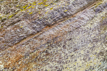 Textured rock surface that shows the complex relief of rock that has been corroded by years of weathering and moisture, and in places covered with colorful lichens and moss,の写真素材