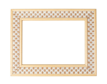 Simple wooden checkered photo frame with blank white cut out space in the middle,space for text,isolated on white background,suitable for displaying your image or design,の写真素材