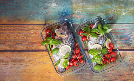 Two large dorado fish, tilapia, carp in a baking dish with cherry tomatoes, step by step recipe instructions, top view of the dish garnished with fresh basil,の写真素材