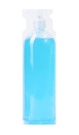Light blue antibacterial soap dispensing from transparent plastic container, highlighting sanitary hand washing and germ prevention against pristine white surface, pngの写真素材